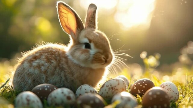 Adorable bunny in sunlit meadow surrounded by speckled easter eggs. Easter, Pascha, Paskha, Ostern, Pascua, Paques - Orthodox and Catholic Holiday celebration