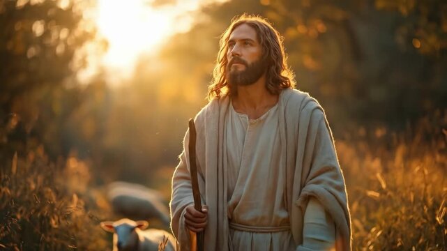 Peaceful scene of man in traditional robe with staff at sunset in meadow. Jesus Lost Sheep, Good Shepherd Parable, Biblical Story, Lost and Found Sheep - Christian Religious Narrative