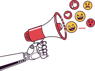 Naklejka premium Robotic Hand Holding Megaphone with Social Media Emojis and Icons