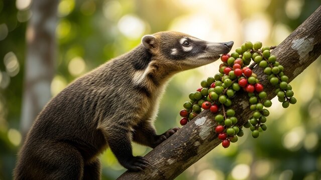 coati standing confidently on a slanted tree limb, elongated snout reaching toward clusters of mixed green and scarlet fruits, tropical forest canopy glowing with filtered sunlight