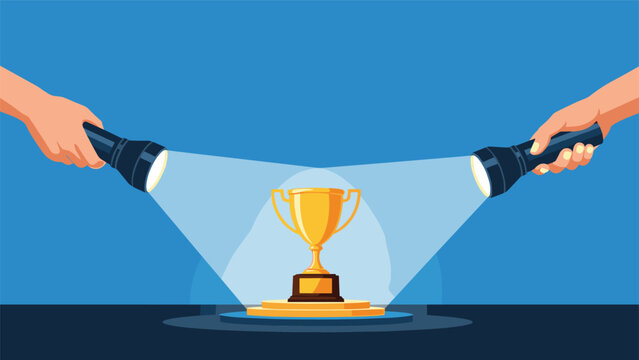 Winning first place trophy cup being illuminated by two bright flashlights on a podium to celebrate success and achievement in sports.