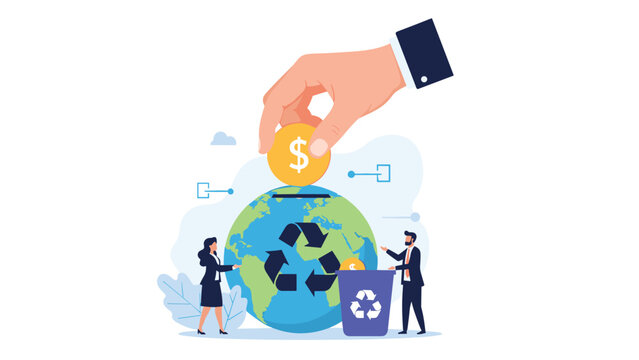 Large hand depositing a dollar coin into a globe slot as people recycle items to promote global environmental sustainability.