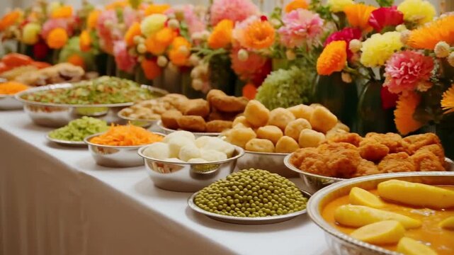 Traditional Indian cuisine buffet. Vibrant and colorful display of Indian dishes on buffet. Brass ware and fresh flowers, authenticity and aesthetic appeal. Indian Ekadashi, Diwali holidays ... See Mo