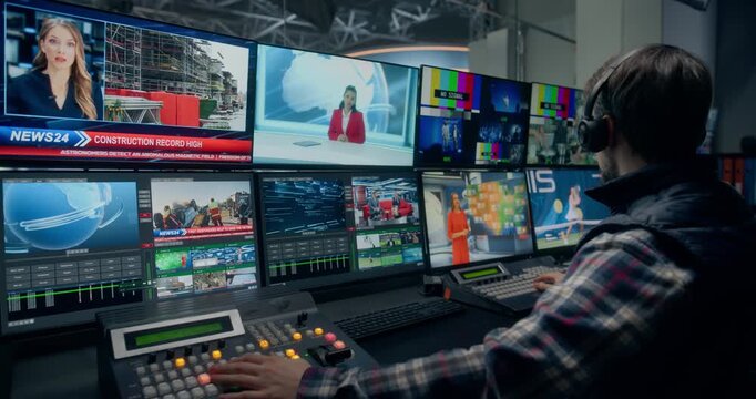 Backstage TV Station Production Control Room Live News Channel as a Technician, Producer Switch Broadcast Feeds, Control Multi Screens, Cues Presenters on Weather Channel, Talk SHow, News Reporting