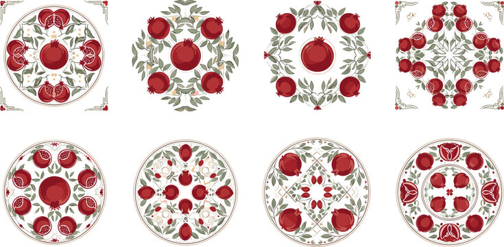 Ornamental Pomegranate Mandala Set with Floral Patterns, Decorative Circular Fruit Compositions in Vintage Folk Style for Textile, Packaging and Background Design