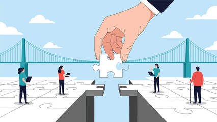 Obraz premium Giant hand placing a puzzle piece to complete a bridge across a chasm symbolizing collaborative problem solving and unity.