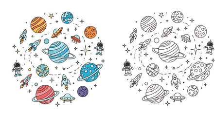 Vector Illustration Set of Outer Space Elements Featuring Planets, Astronauts, Rockets, and UFOs in Colorful and Line Art Styles for Kids Education and Coloring Book Activities © SHOHAG