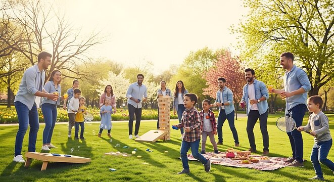 Family and friends playing games outdoors together in a park on a sunny day.