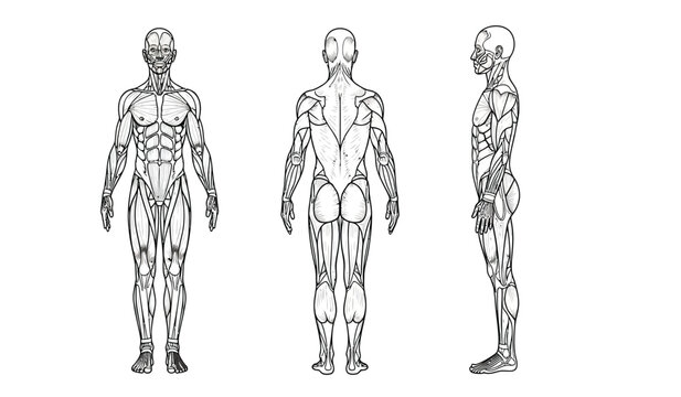 Human anatomy silhouette illustration full body muscular system front and side views