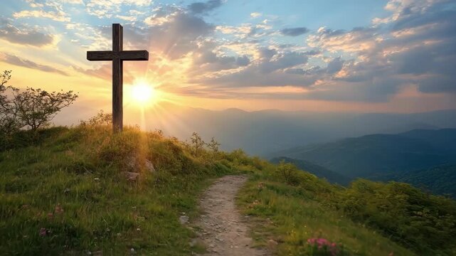 Majestic mountain sunset with cross overlooking serene valley. Easter, Pascha, Paskha, Ostern, Pascua, Paques - Orthodox and Catholic Holiday celebration