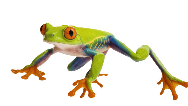 Vibrant Red-eyed Tree Frog, Agalychnis callidryas, with striking orange eyes and colorful blue-yellow stripes, isolated PNG, tropical amphibian wildlife