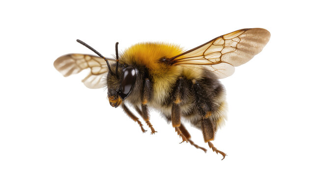 Detailed fluffy bumblebee in dynamic flight, its fuzzy yellow and black body and delicate transparent wings isolated, a vibrant insect PNG