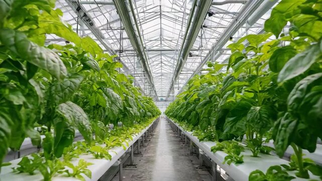 Modern Hydroponic Farming System in Greenhouse, Sustainable Indoor Agriculture and Organic Crop Cultivation