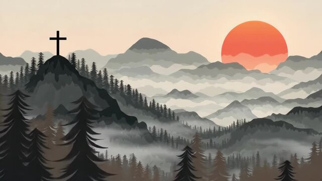 Serene mountain landscape with cross at sunset and mist. Easter, Pascha, Paskha, Ostern, Pascua, Paques - Orthodox and Catholic Holiday celebration