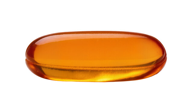 Glossy orange softgel capsule, a health supplement or vitamin pill, isolated on transparent background for medical and nutritional designs PNG
