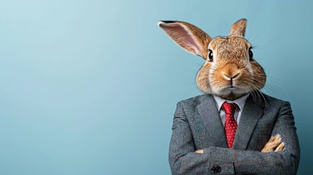 Anthropomorphic rabbit in suit against blue background. Easter, Pascha, Paskha, Ostern, Pascua, Paques - Orthodox and Catholic Holiday celebration