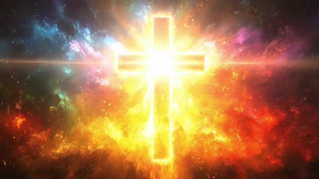 Vibrant fiery cross with colorful ethereal background. Easter, Pascha, Paskha, Ostern, Pascua, Paques - Orthodox and Catholic Holiday celebration