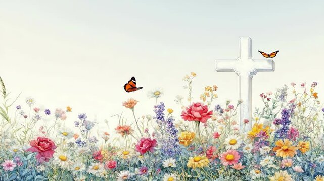 Vibrant wildflower field with butterflies and cross under clear sky. Easter, Pascha, Paskha, Ostern, Pascua, Paques - Orthodox and Catholic Holiday celebration