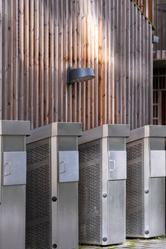 Contemporary recycling waste containers in stockholm sweden show clean urban sanitation infrastructure and sustainability in public space