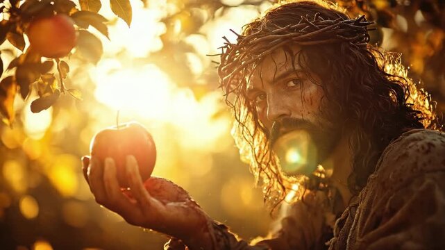 Jesus with crown of thorns holding apple in orchard. Easter, Pascha, Paskha, Ostern, Pascua, Paques - Orthodox and Catholic Holiday celebration