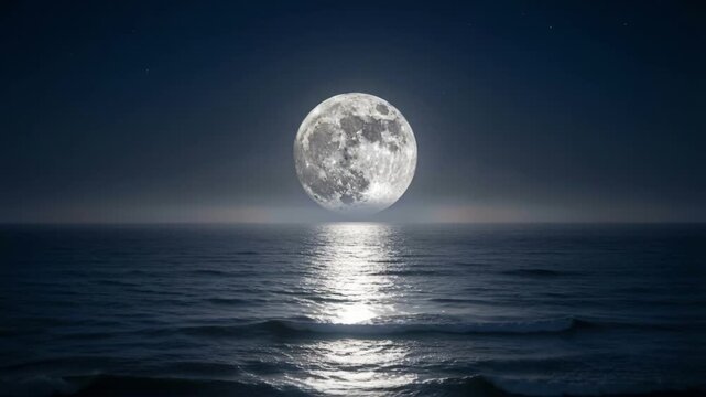 Large full moon rising over the dark ocean at night. Moonlight reflecting on water waves creating a glowing path. Night sea landscape and astronomy concept