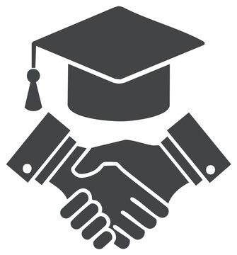 Academic collaboration and agreement concept graduation cap with handshake symbol in grayscale