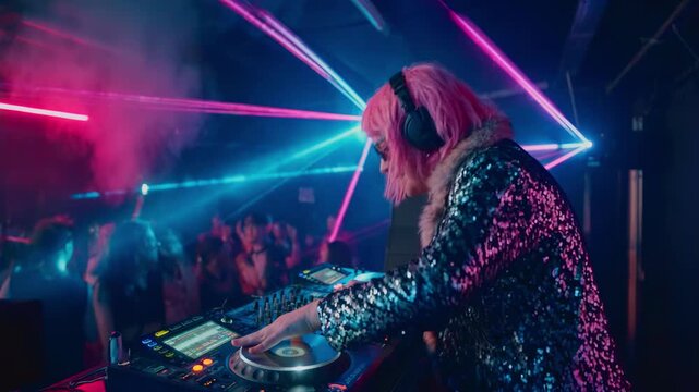 Energetic male DJ with pink hair mixing music at a nightclub. Flamboyant man in sequin jacket dancing behind console with laser lights and crowd. Nightlife party b-roll