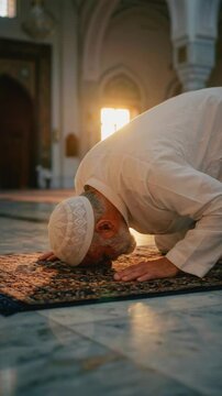 Muslim man in white thobe performing sujood on prayer mat in mosque. Elderly man bowing in Islamic prayer with golden backlight. Ramadan worship concept