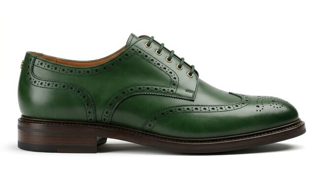 Elegant green leather wingtip brogue shoe for men, presented in a clean studio shot with a white background, highlighting its classic craftsmanship and sophisticated style.