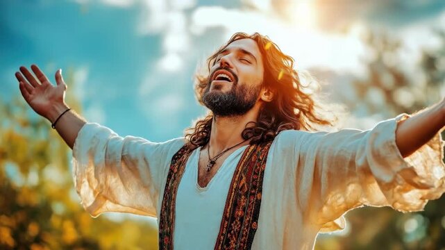 Joyful young hispanic man embracing nature with open arms at sunset. Easter, Pascha, Paskha, Ostern, Pascua, Paques - Orthodox and Catholic Holiday celebration