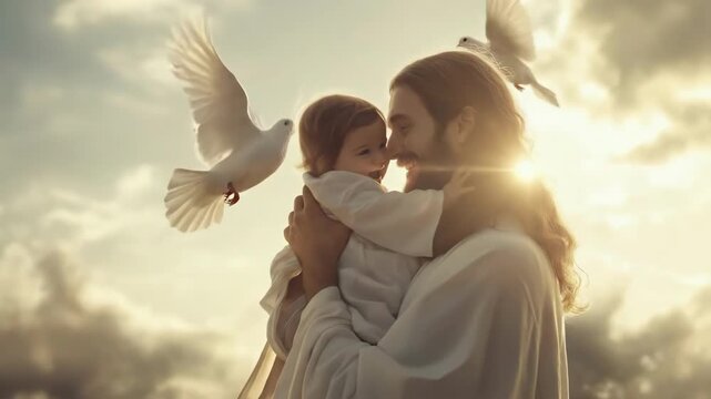 Caucasian man holding smiling child amidst doves in sunlit cloudy sky