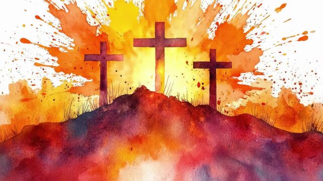 Vibrant watercolor crosses on hill with abstract background. Easter, Pascha, Paskha, Ostern, Pascua, Paques - Orthodox and Catholic Holiday celebration