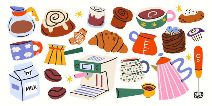 Big set of coffee and bakery clipart. Caffeine drinks, espresso cups, milk, french press and various pastries, croissants, cinnamon rolls and donuts. Breakfast food cartoon stickers