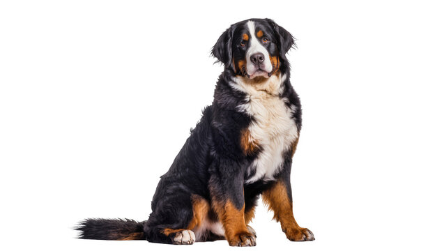 Majestic Bernese Mountain Dog sitting calmly, looking directly at the camera, a beautiful tricolor canine isolated PNG for pet-related designs