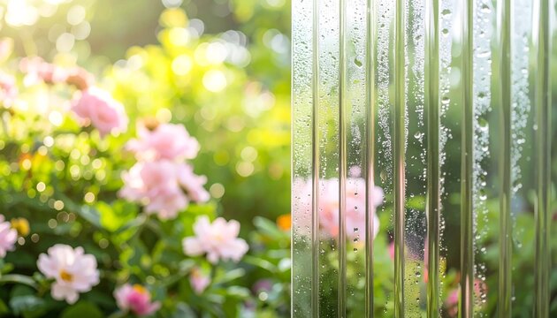 Vertical Fluted Glass Panel with Water Droplets Overlooking a Blurry Summer Garden with Pink Flowers, Elegant Interior Partition for Modern Architecture and Home Decor, Nature Background