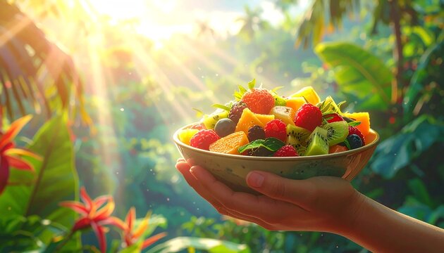 Person Holding a Bowl of Fresh Mixed Tropical Fruit with Berries, Kiwi and Mango in a Sunlit Garden, Healthy Organic Breakfast and Vegan Diet Concept, Summer Refreshment in Golden Light