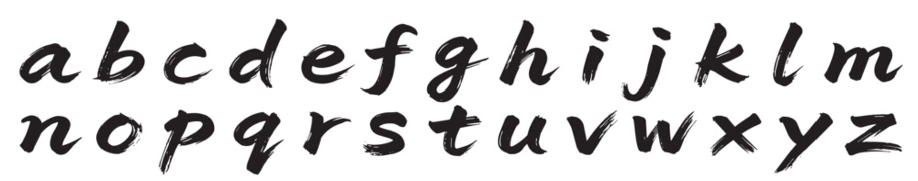 lowercase brush alphabet letters set with handwritten typography and rough ink lettering on transparent background