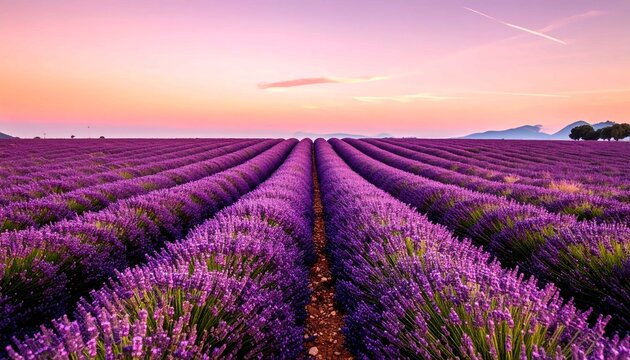 Beautiful Lavender Field at Sunset with Endless Purple Rows Stretching to the Horizon Under a Soft Pink and Orange Sky, Serene Nature Landscape Background for Summer Travel Scenery