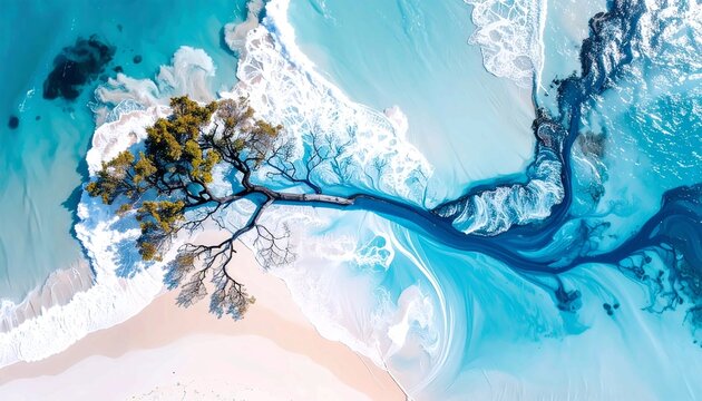 Abstract Aerial View of a Tropical Coastline with a Large Tree Stretching Over Turquoise Blue Water and White Sand, Artistic Nature Background with Ocean Swirls and Dreamy Textures