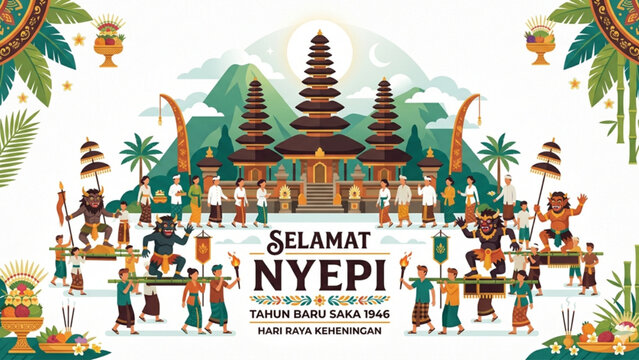 Selamat Hari Nyepi Illustration, Balinese Day of Silence Greeting with Pura Temple and People Festival