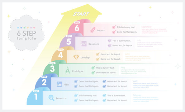 Cute pastel 6 step infographic template with arrow timeline, kawaii business process flow chart for presentation and UI design vector