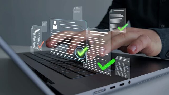 Employee approval process management.Digital documents with check marks verified staff records and online HR management.	
