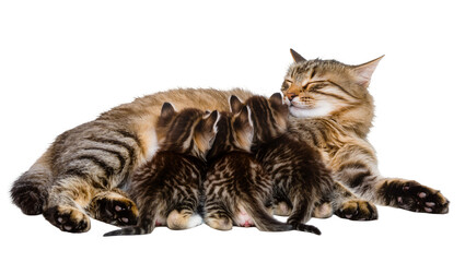Peaceful tabby mother cat with three adorable kittens nursing, isolated PNG on transparent background, showcasing maternal care and feline family bond © Piotr