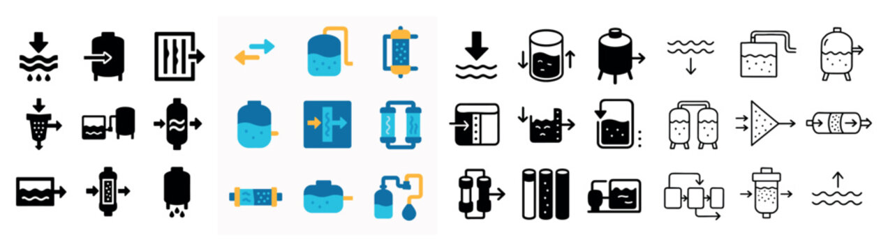 Water treatment icons with tank filter pipe flat