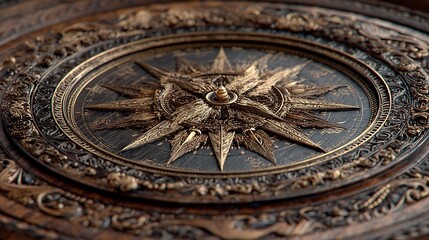 Fototapeta premium Detailed wooden compass rose engraving nautical navigation symbol walpapers