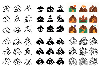 Fototapeta premium Outdoor icons with cairn and river colorful