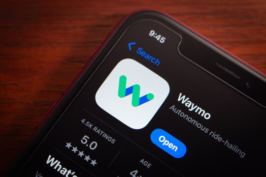 Quito, ECUADOR - Mar 2 2026 : Waymo autonomous ride hailing app page with logo is seen in an App Store.