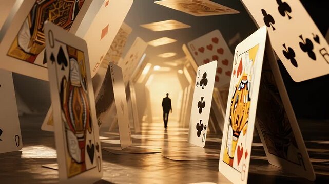 Playing cards falling in an alley with a silhouette of a person in the background, creating an intriguing scene of mystery and suspense.