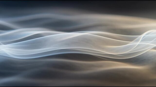 Smoke waves drifting horizontally with translucent silky mist layered depth smooth luminous curves cool blue gray and charcoal tones creating a calm modern abstract cinematic atmosphere