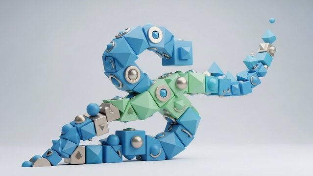 Abstract 3D render of a stylized S letter formed by interconnected geometric blocks in blue and green hues.
